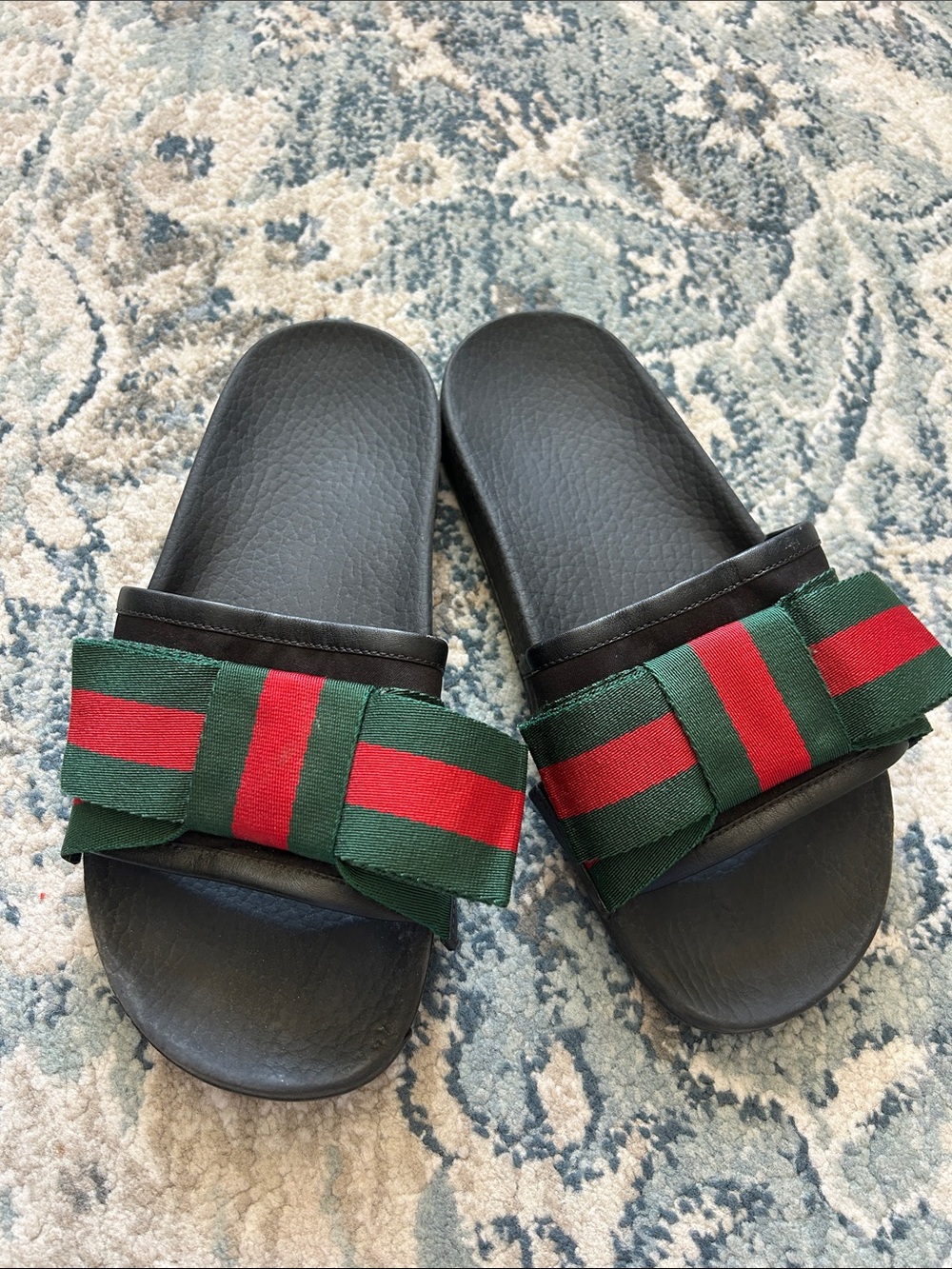 Gucci Black Slide Sandals with Green & Red Ribbon Accent